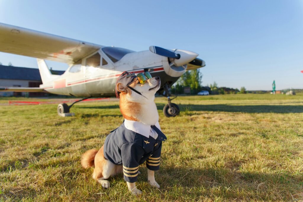 A cute Shiba Inu dog dressed as a pilot sits beside a small aircraft at an airport.